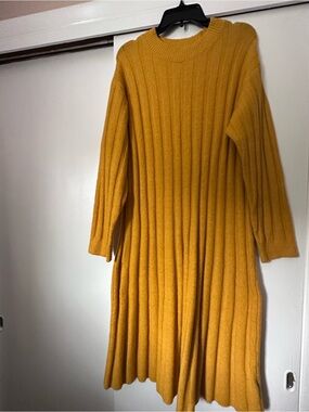 H&M Mustard Ribbed Long Sleeve Midi Dress